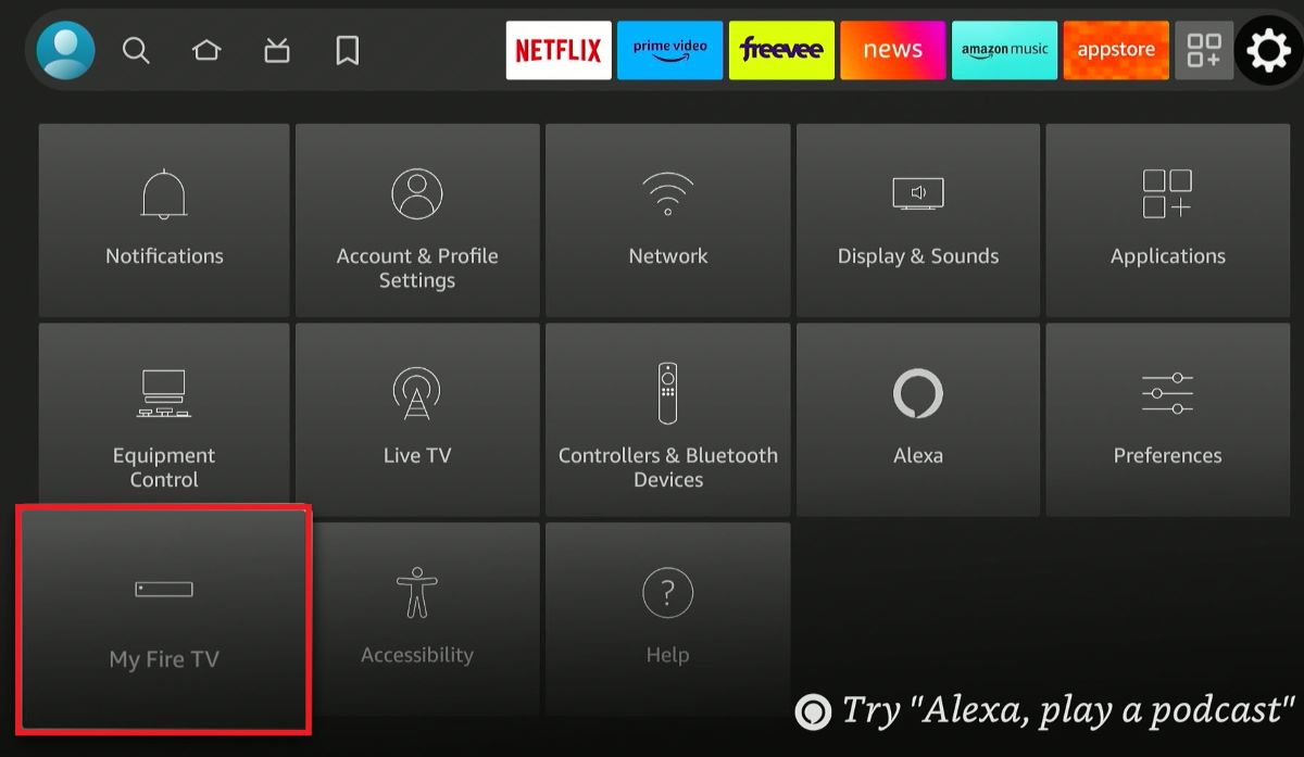 The My Fire TV option from the settings of the Fire Stick TV