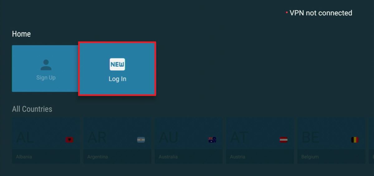 The NordVPN interface on the Fire TV with the Log In option