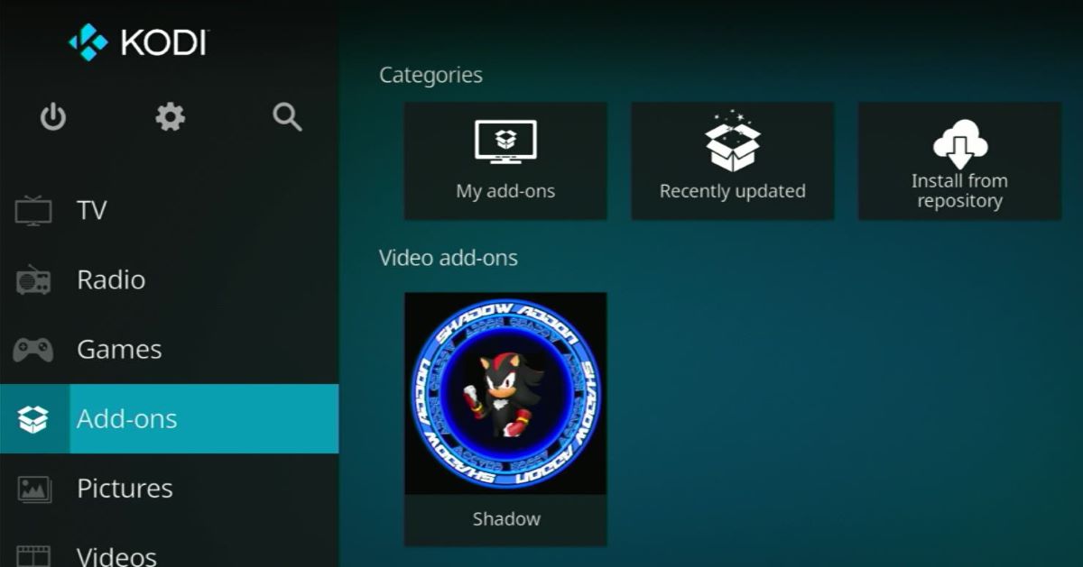 The Shadow add-on on Kodi app with the control panel on the left-hand side