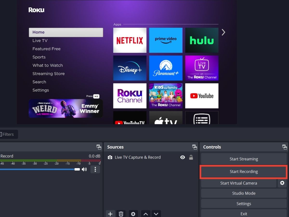 The Start recording button on OBS software with the Roku running