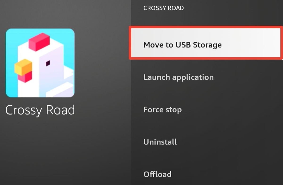 The Crossy Road app with the selection move to USB storage on Fire Cube