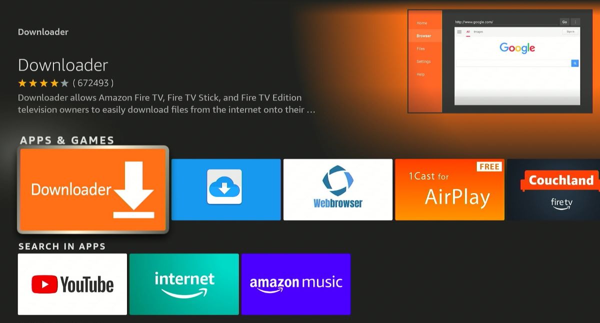 The downloader app on Fire TV where user can download third-party app