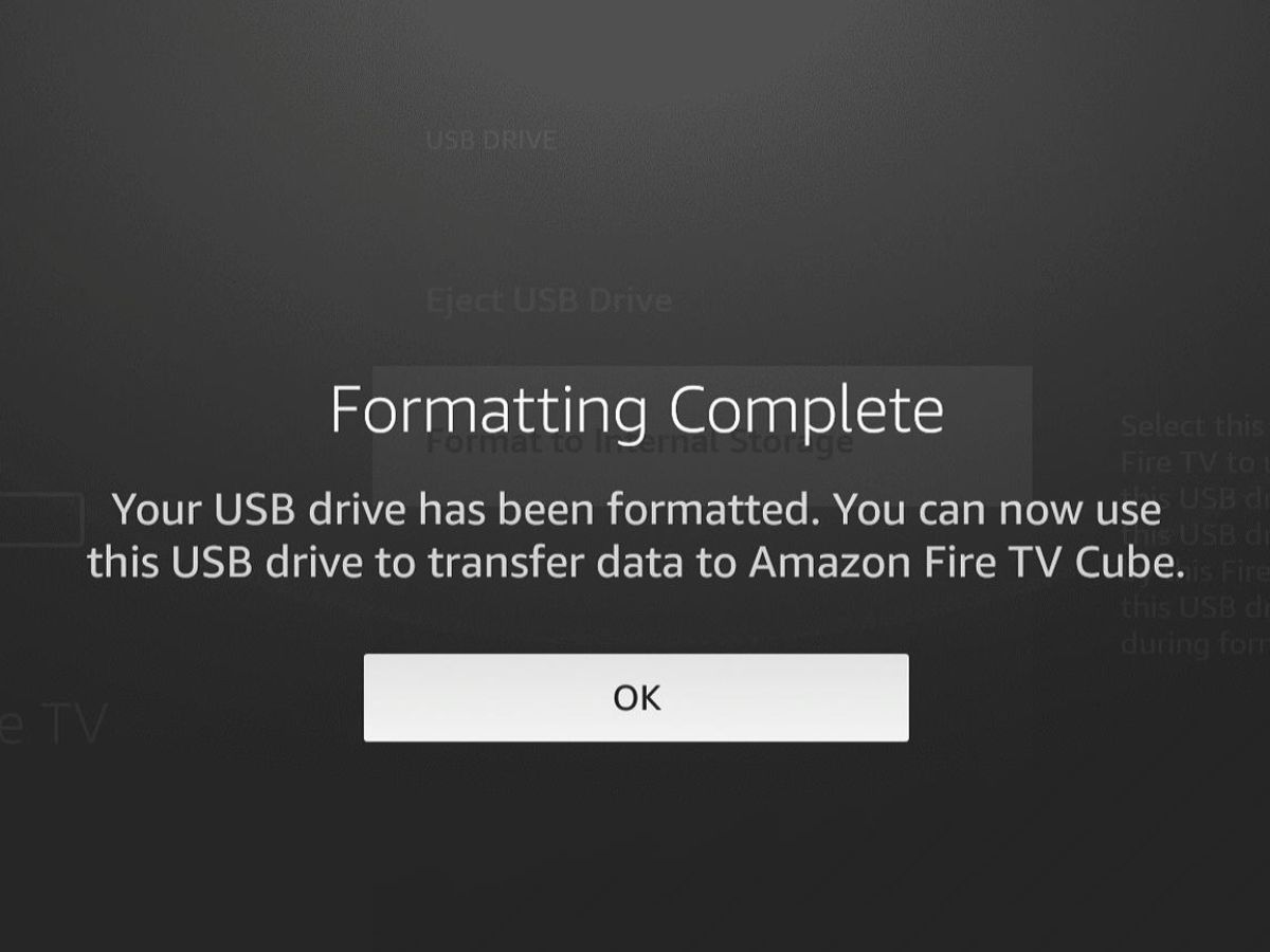 The formatting complete notification on Fire TV Cube