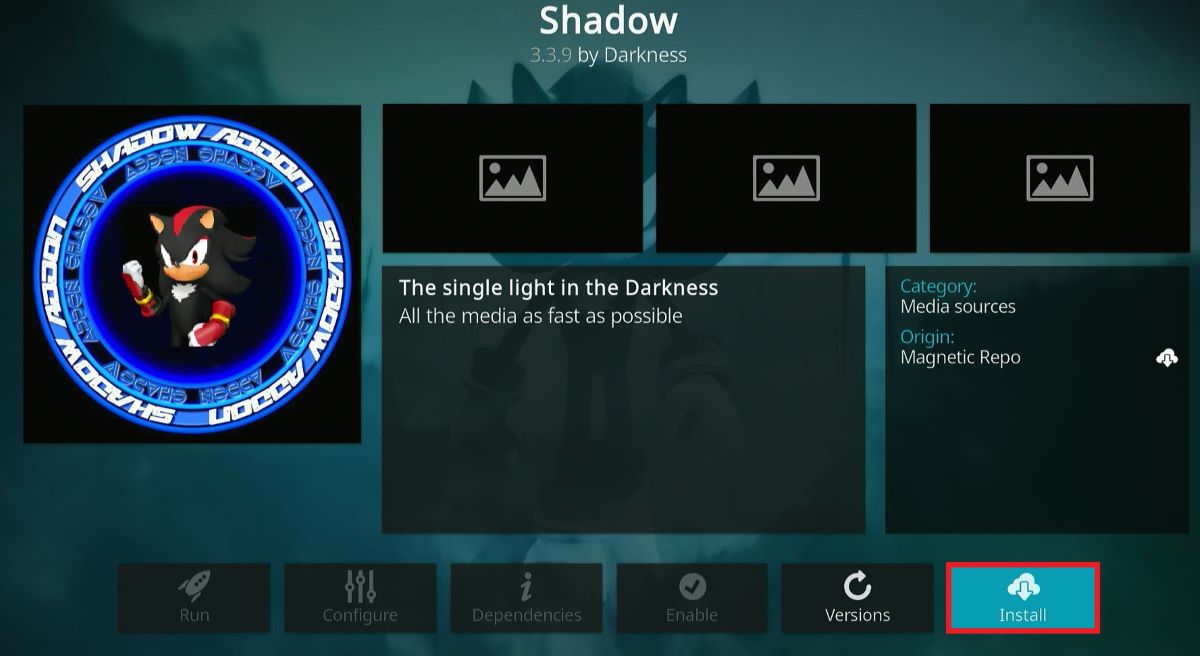 The interface of the Shadow add-on is ready to install