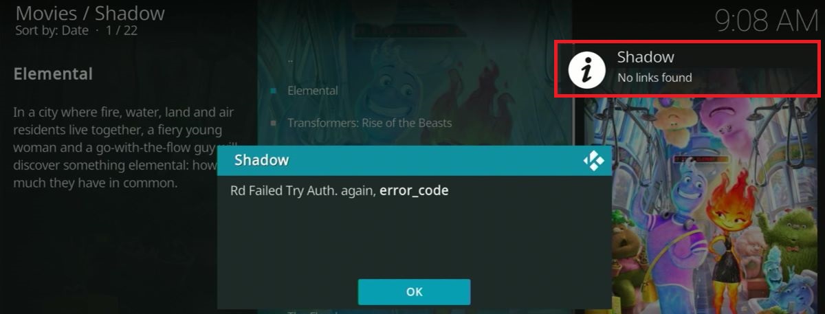 The no link found notification on the right corner on Kodi app