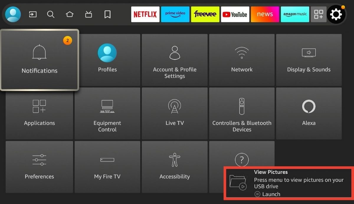The notification about viewing pictures from the USB drive on the Fire TV Stick