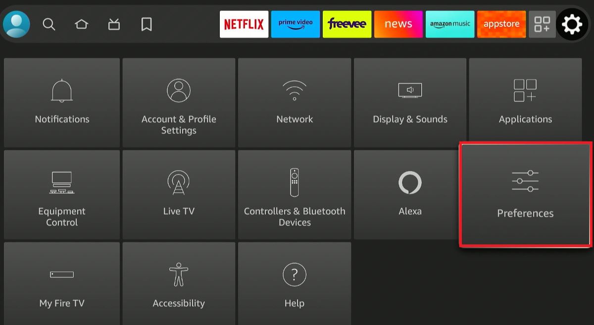 The preferences option from the Fire TV settings