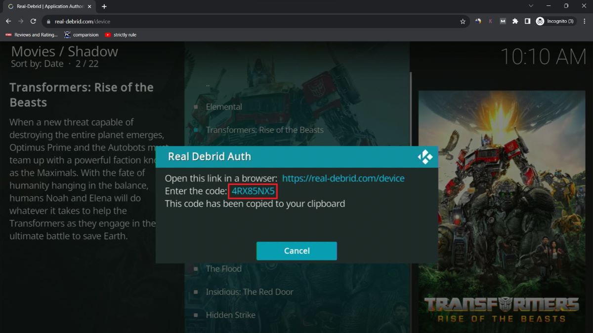 The real-debris auth with the code to enter to start watching on the add-on