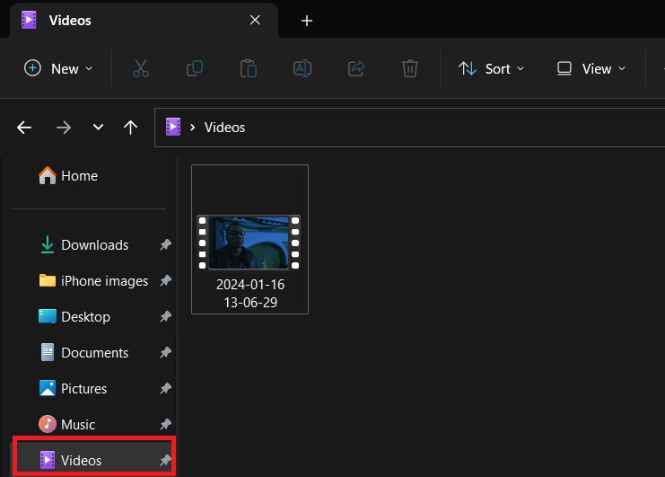The record file is saved inside the Videos folder on Windows PC
