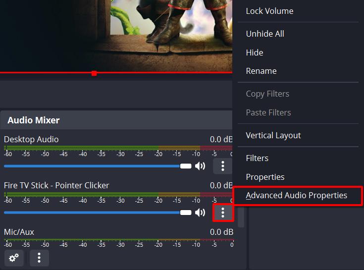 advanced audio properties option is highlighted in the obs app