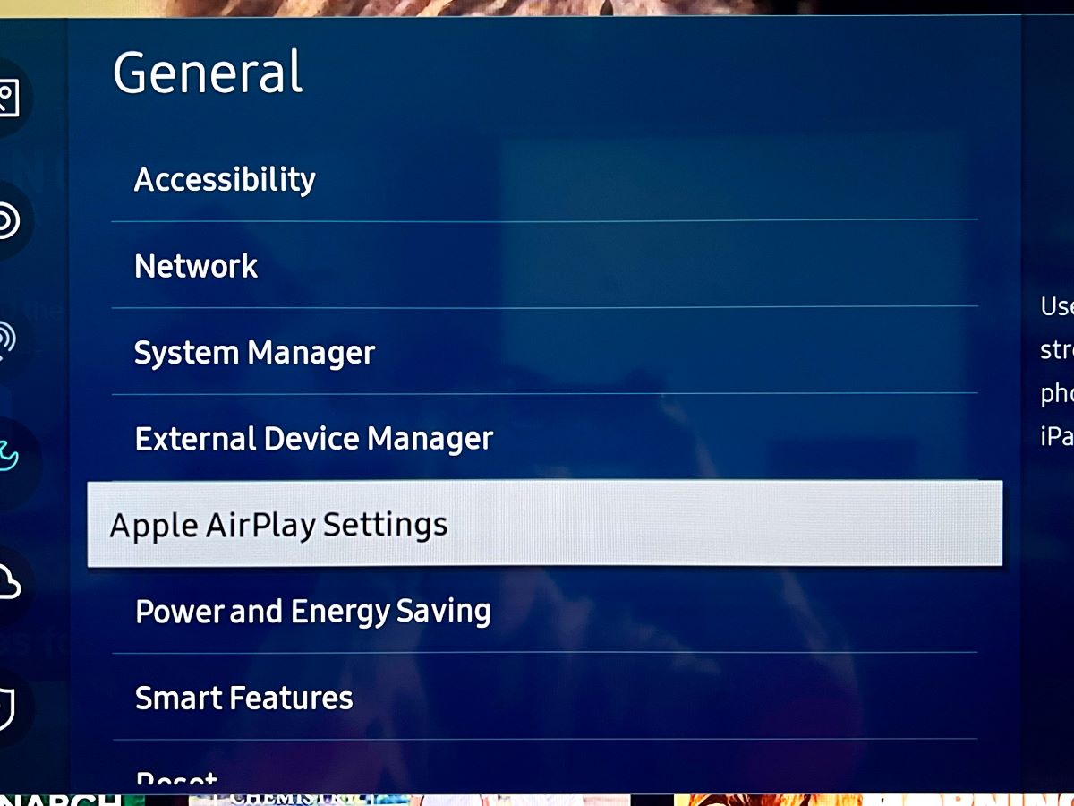 apple airplay settings option on a samsung tv is highlighted
