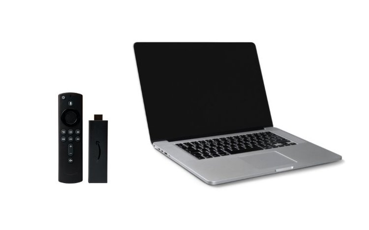 fire stick, remote and laptop