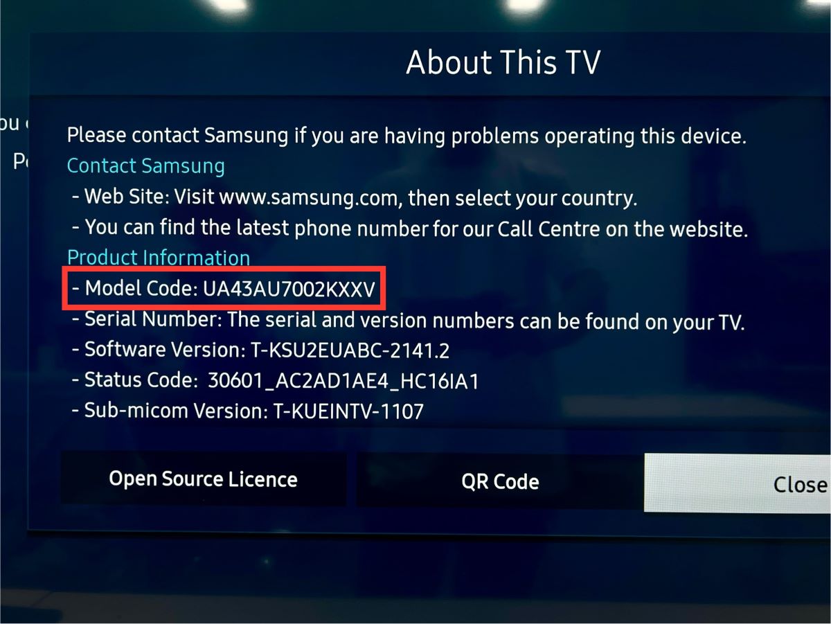 model code is highlighted on a samsung tv