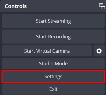 settings option is highlighted in the controls tab of the obs app