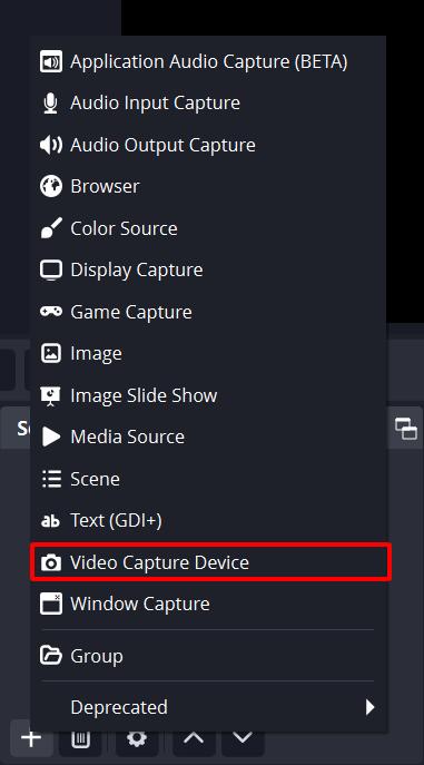 video capture card device is highlighted in obs app on a laptop