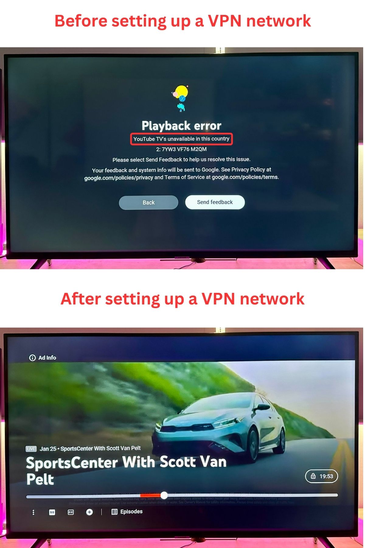 youtube tv content on a samsung tv before and after setting up a VPN network