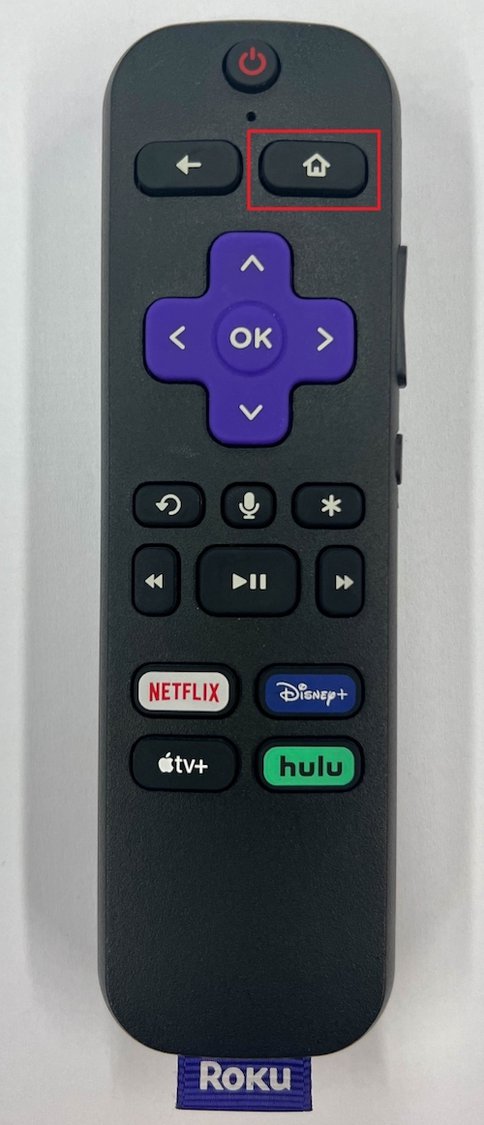 A Roku remote with the home button highlighted
