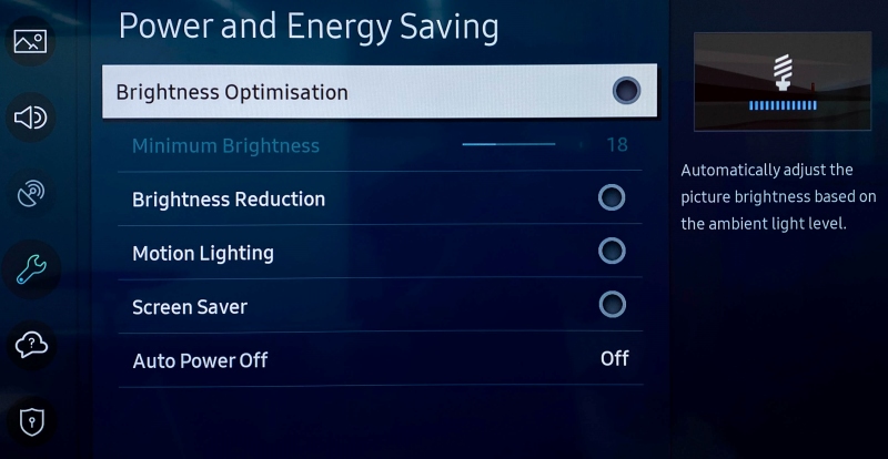 Brightness Optimisation on Samsung TV settings