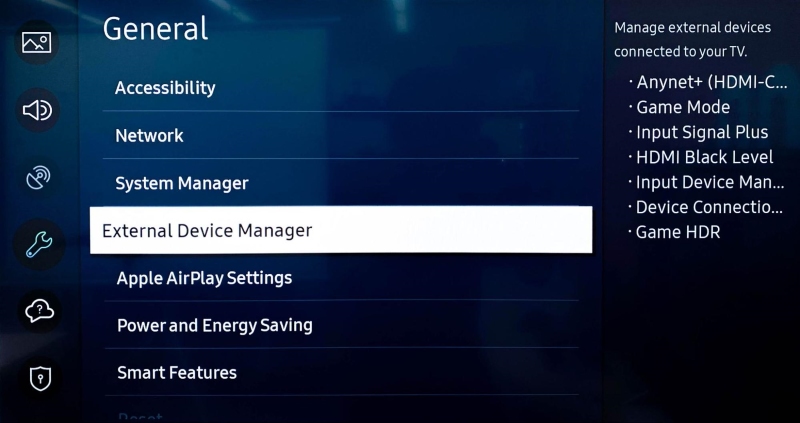 External Device Manager in Samsung TV settings