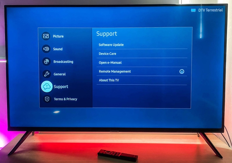 Support menu on Samsung TV setting