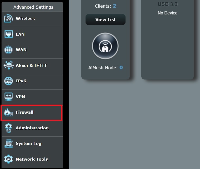 The Firewall feature from the Asus router on the admin interface
