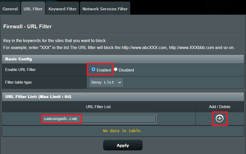 The URL Filter feature on Asus router and the Samsung URL ads is being added