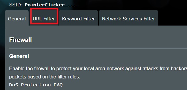 The URL Filter tab from the Asus router is being highlighted with a red box
