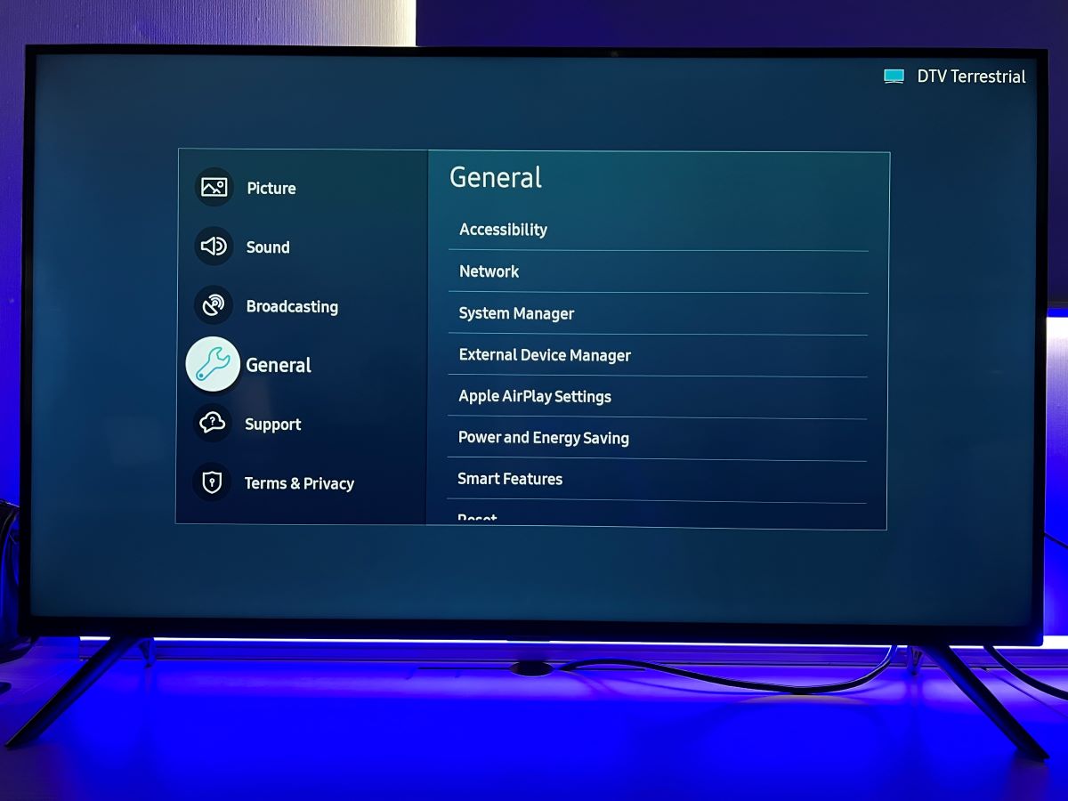 The general settings option from the settings on Samsung TV