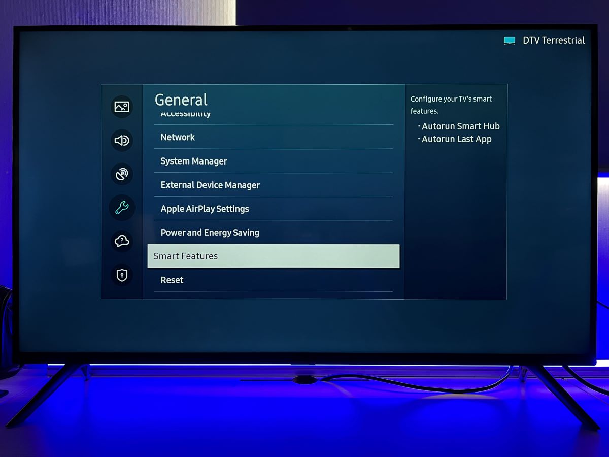 The smart features from the general settings on the Samsung TV