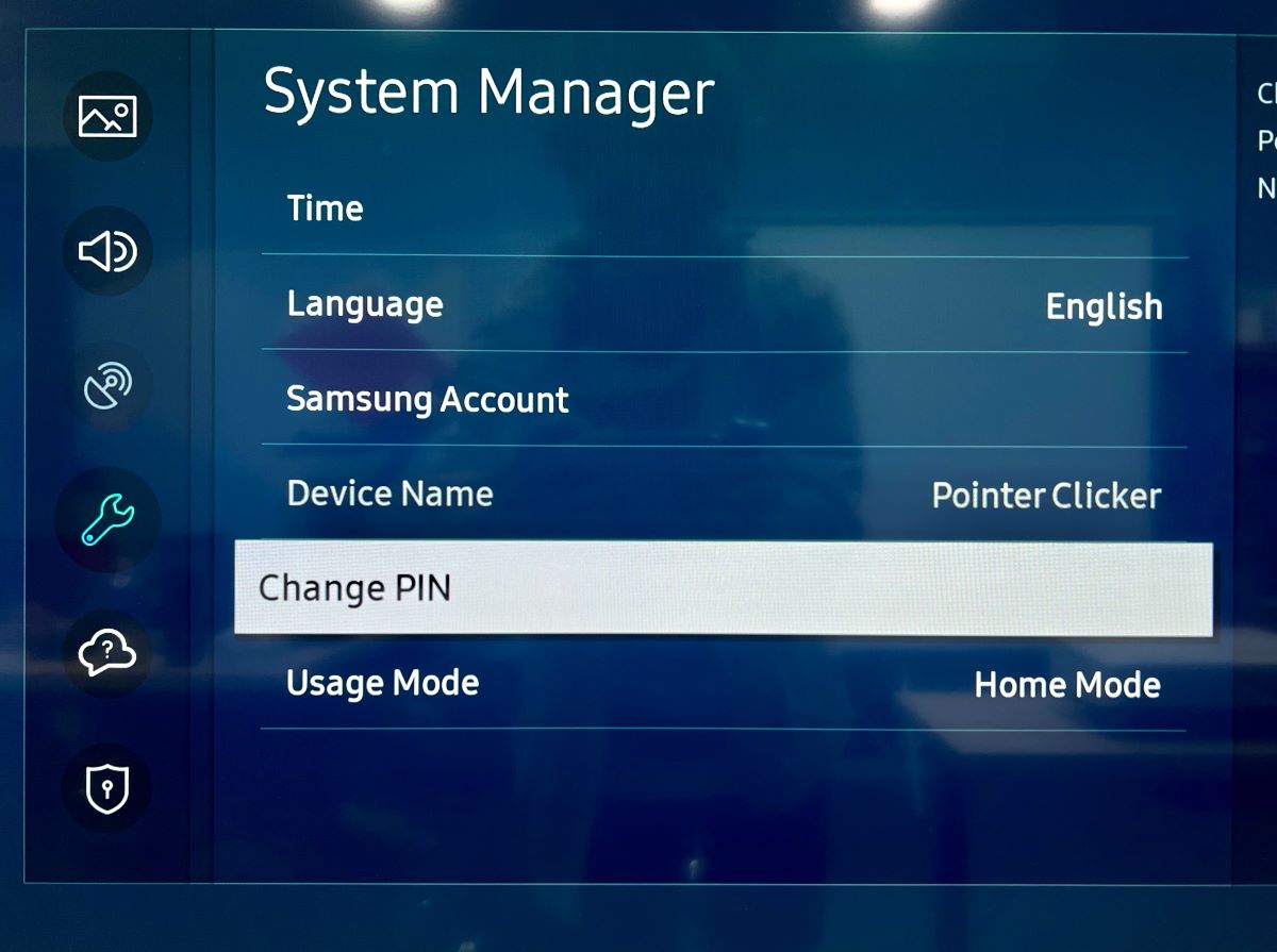change PIN option is highlighted on a samsung tv