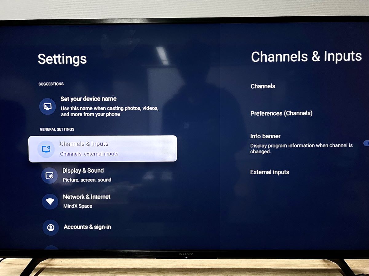 channels & inputs menu on a sony tv