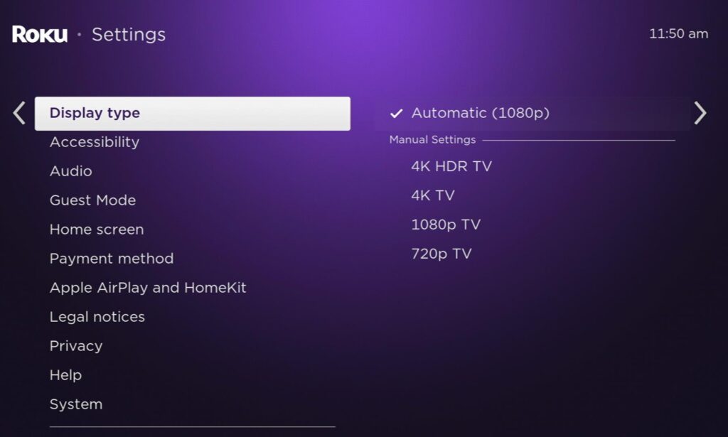 display type option is highlighted on a roku