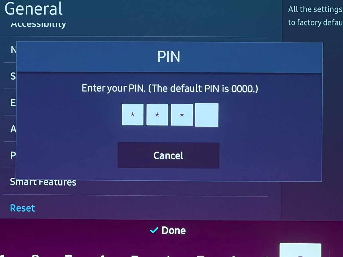 enter 4-digit PIN to factory reset a samsung tv