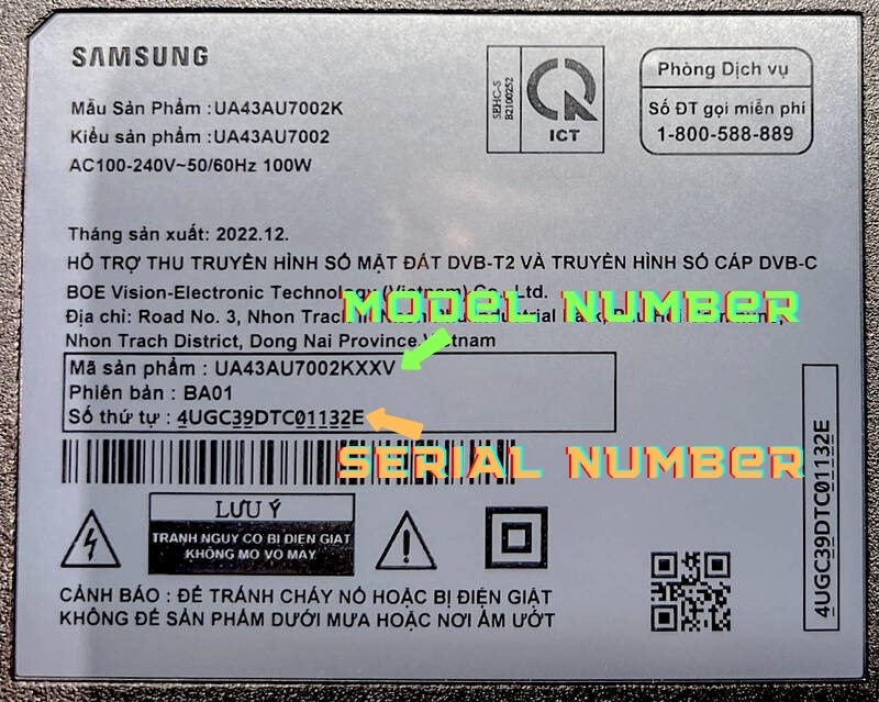 model and serial numbers on the Samsung TV information label