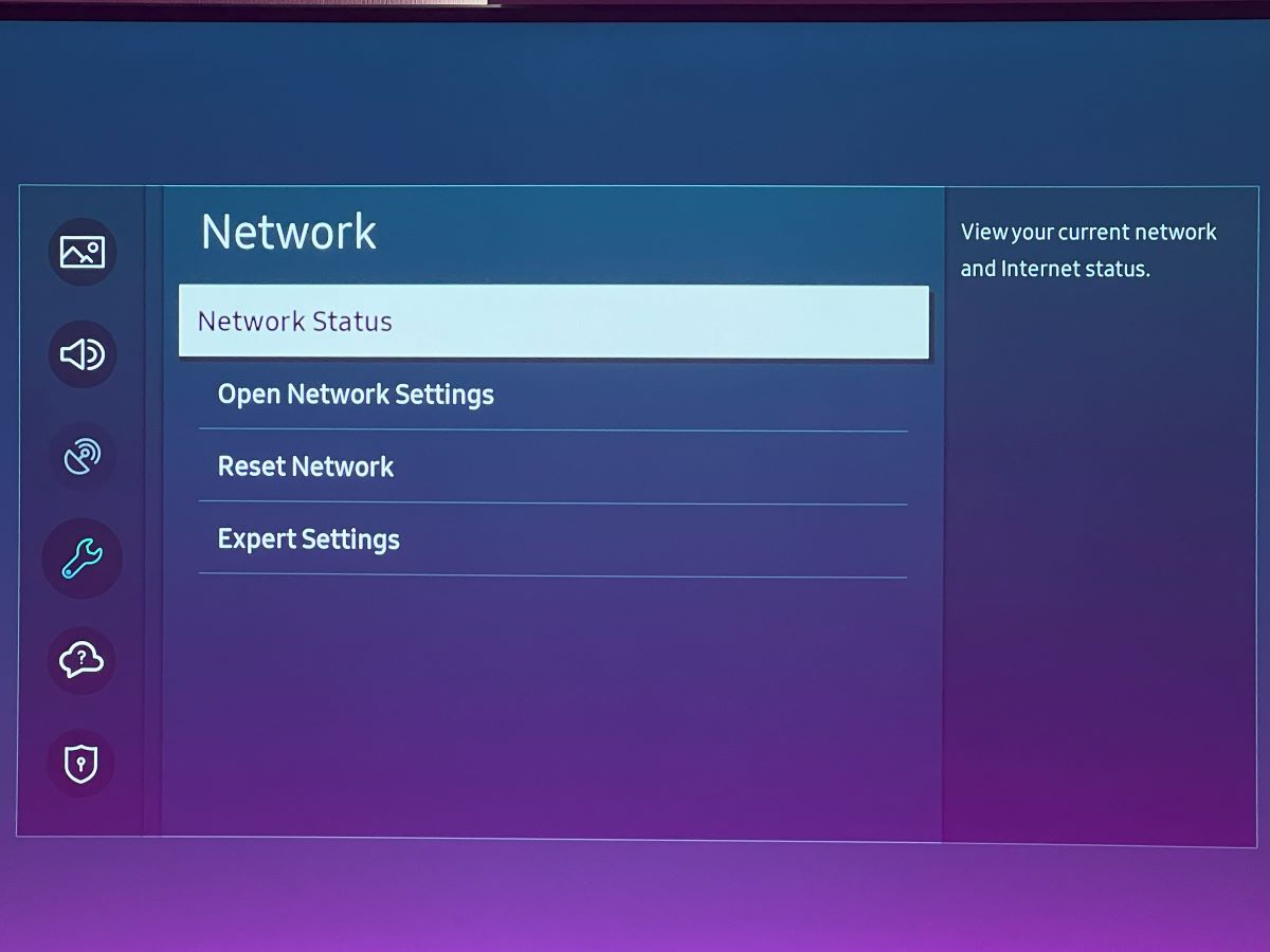network status option is highlighted on a samsung tv