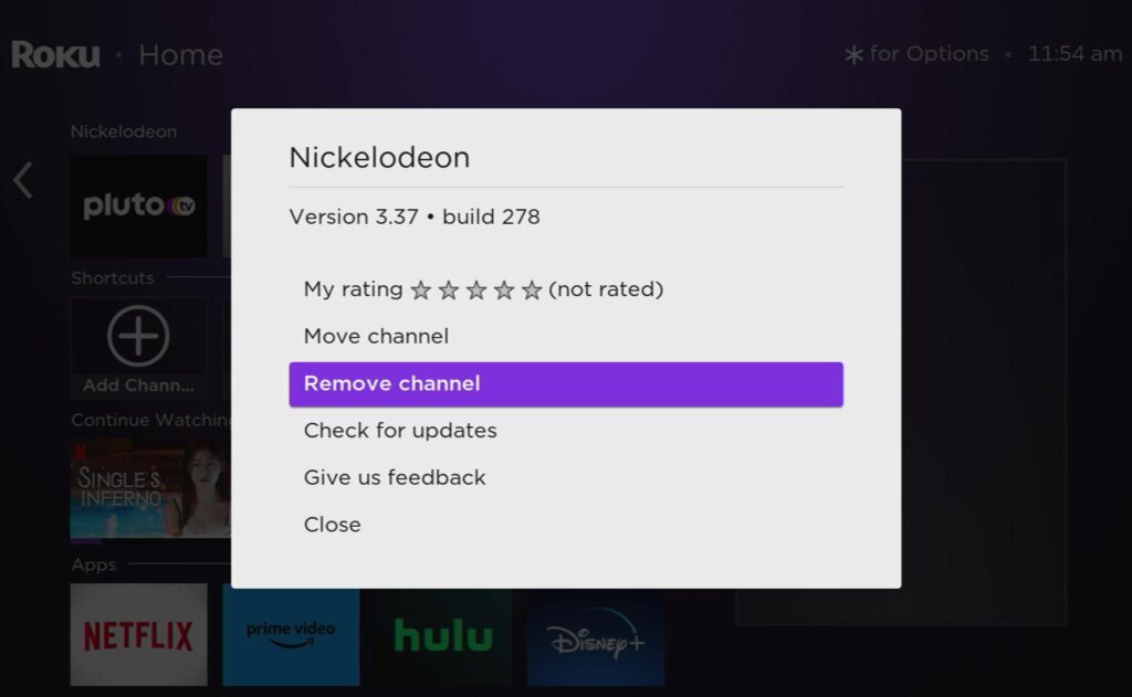 remove channel option is highlighted on a roku express