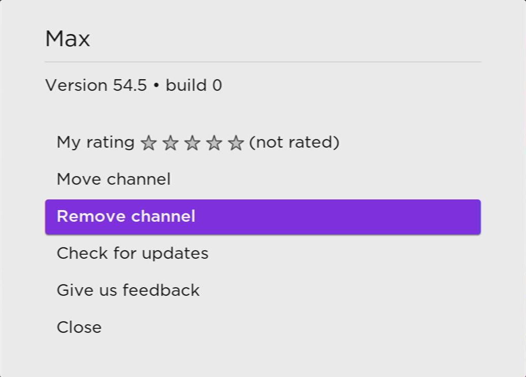 remove channel option is highlighted on a roku