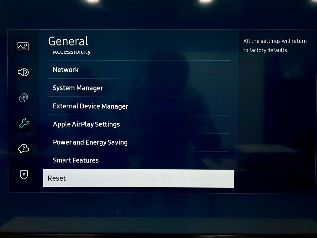 reset option in the general menu on a samsung tv