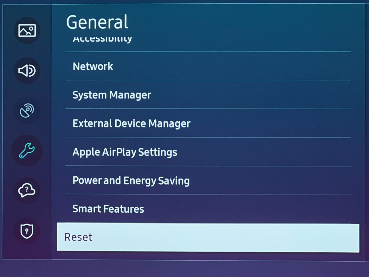 reset option is highlighted on a samsung tv