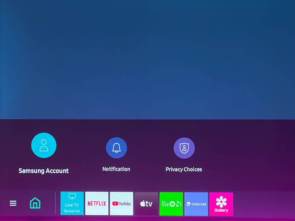 samsung account option is highlighted on a samsung tv