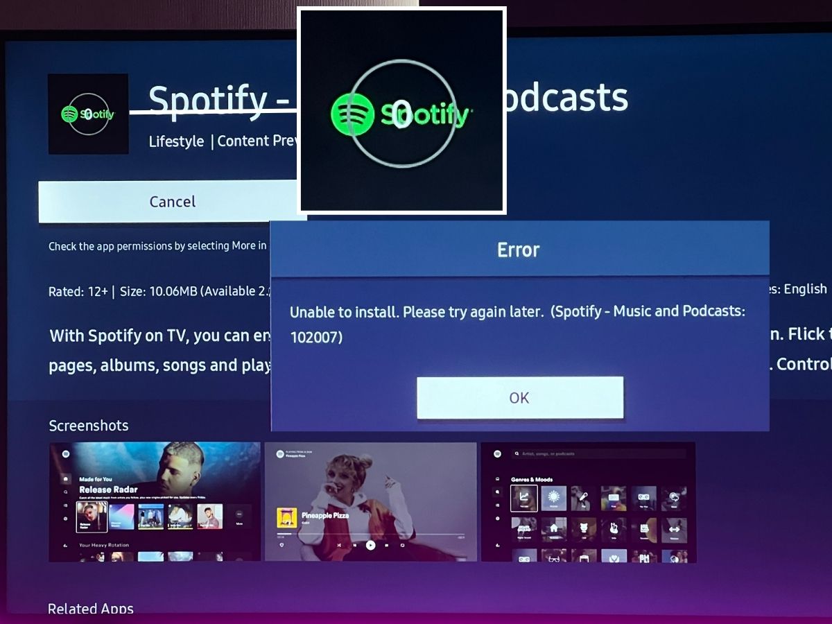 samsung tv can't download spotify app, the installation process is stuck at 0