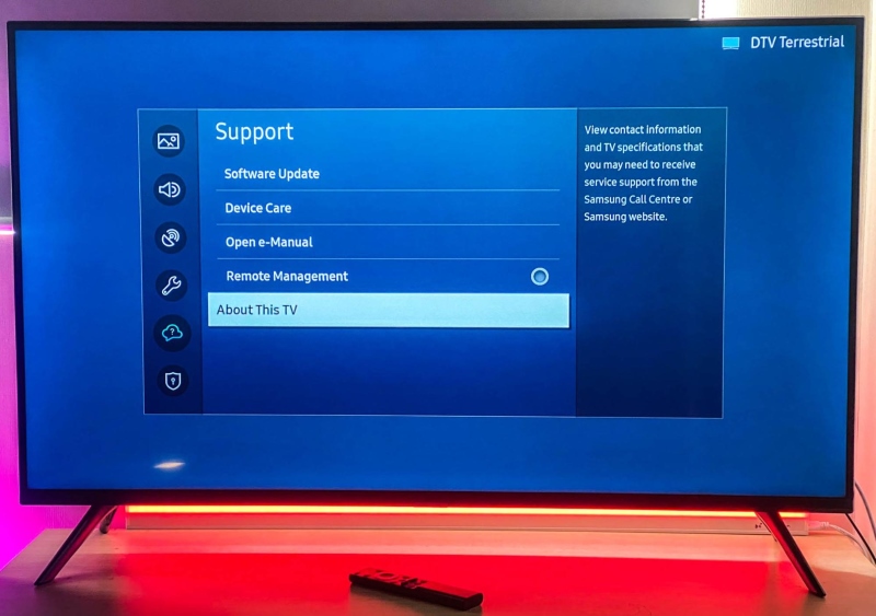 select About This TV in the Samsung TV Support setting