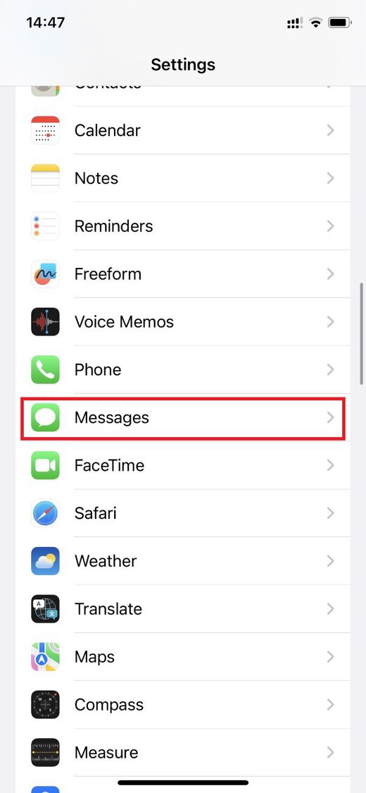 select Message option in Settings on an iPhone
