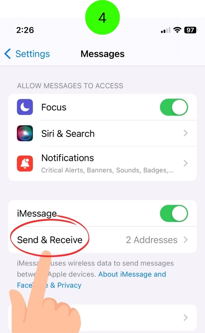 select Send & Receive setting of iMessage on iPhone