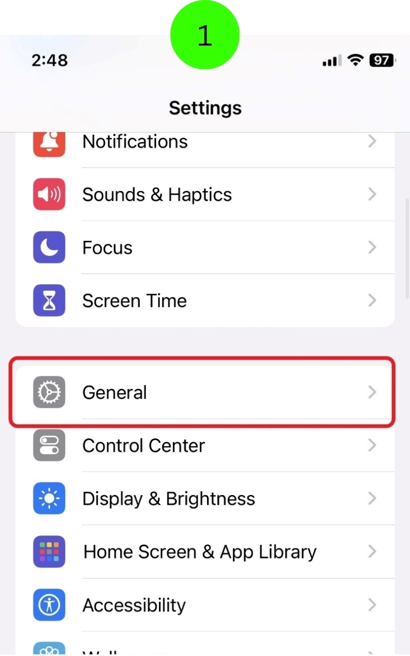 select the General setting on the iPhone