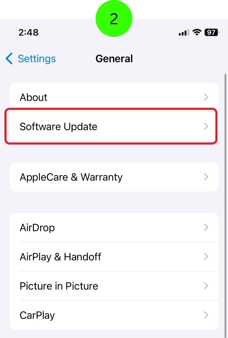 select the Software Update setting on the iPhone