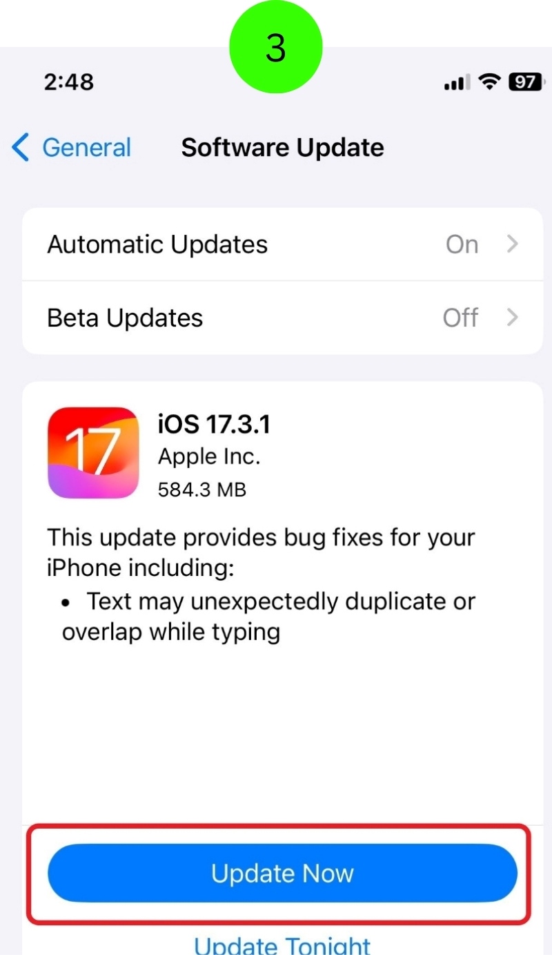 select the Update Now button to update software on the iPhone