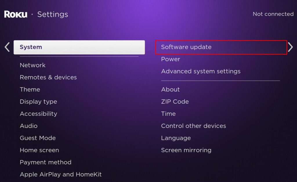 system is chosen, software update is highlighted