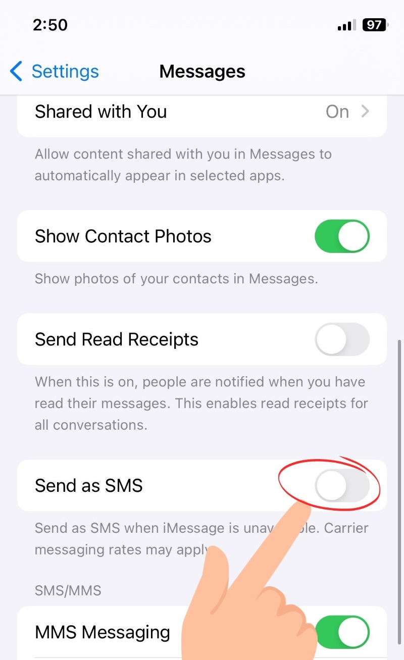 turn off the Send as SMS setting on the iPhone Message app