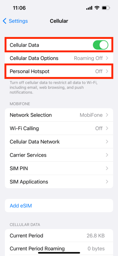 turn on Cellular Data and tap Personal Hotspot